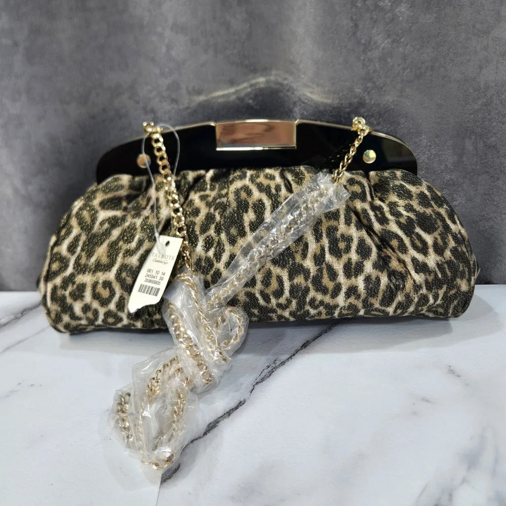 NWT Talbots Leopard Print Metallic Silk Blend Clutch Bag Gold Chain Cocktail